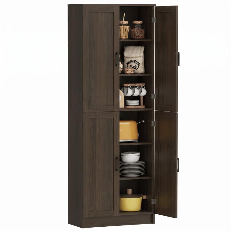Freestanding brown kitchen pantry cabinet with four doors and open shelves