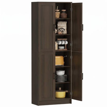 Freestanding brown kitchen pantry cabinet with four doors and open shelves