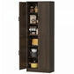 Freestanding brown pantry cabinet with two doors open, showing stacked adjustable shelves