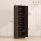 Brown freestanding pantry cabinet front view with four doors and interior shelves
