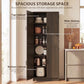 Brown pantry cabinet with doors open, showing multi-level shelves and compartments