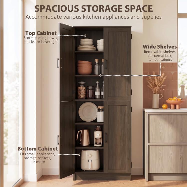 Brown pantry cabinet with doors open, showing multi-level shelves and compartments
