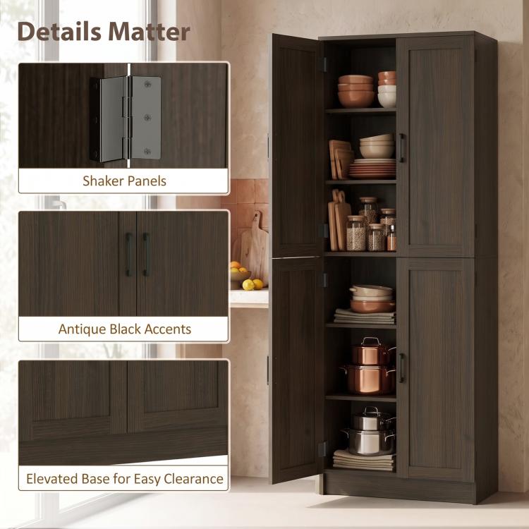 Brown pantry cabinet with shaker-style panels, black accents, and elevated base