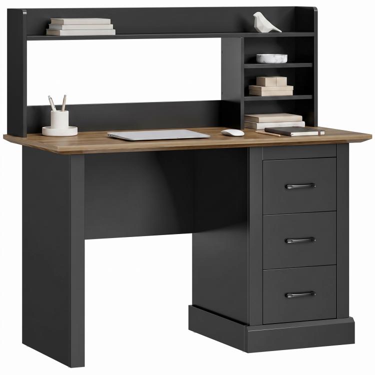 Walnut top computer desk with side drawers and open storage shelves