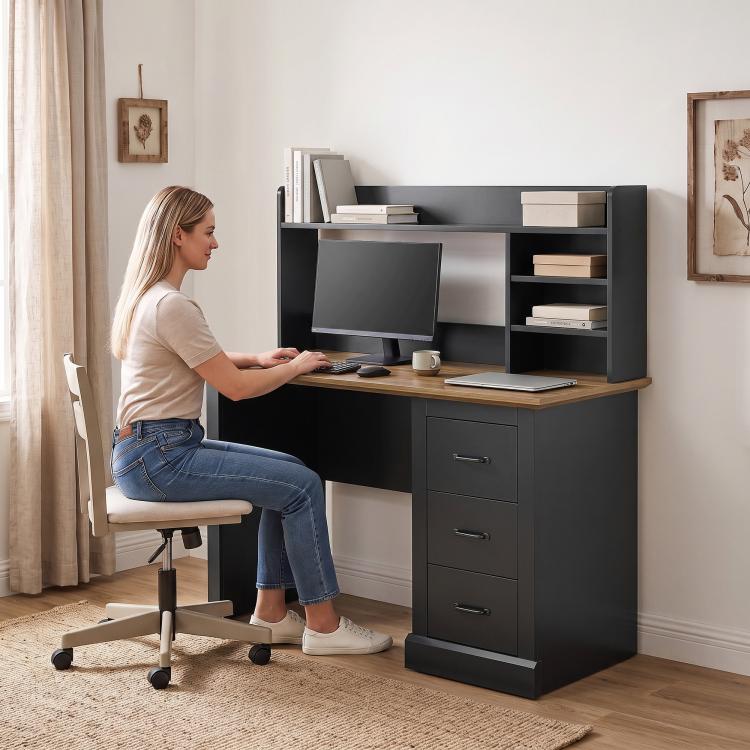Walnut wood computer desk with black frame, open shelves and 3 drawers