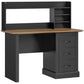 Walnut tabletop desk with black side cabinets, open shelf, and 3-drawer storage