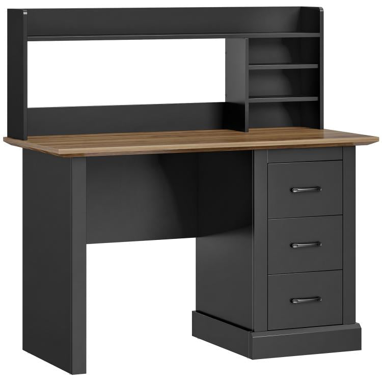 Walnut tabletop desk with black side cabinets, open shelf, and 3-drawer storage