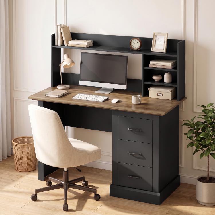 Walnut and black home office desk with three drawers and monitor shelf
