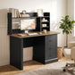 Walnut and black writing desk with side drawer cabinet and open shelving