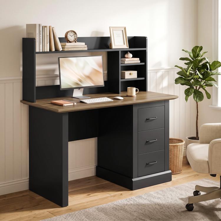 Walnut and black writing desk with side drawer cabinet and open shelving
