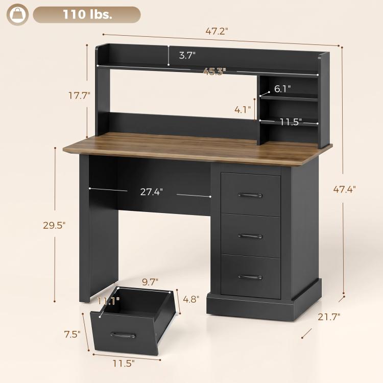 Walnut and black desk with storage shelves and three drawers