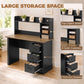 Walnut and black desk with top open shelf, side cubbies, and 3 pull-out drawers