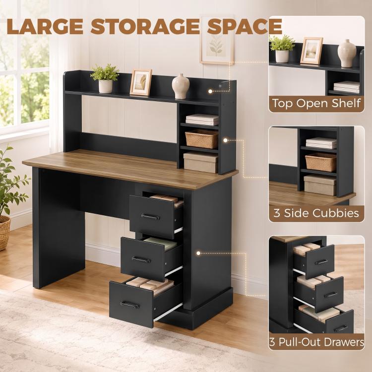 Walnut and black desk with top open shelf, side cubbies, and 3 pull-out drawers