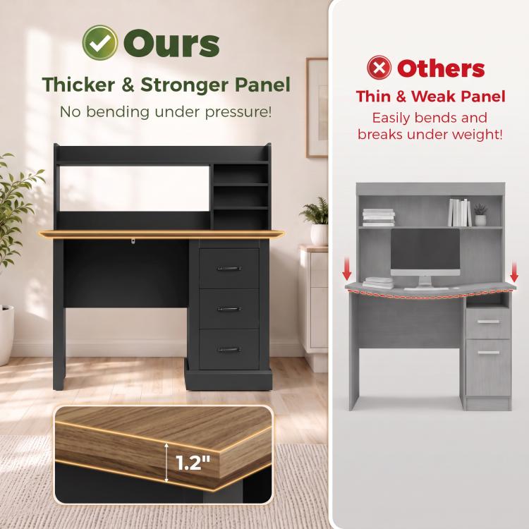 Walnut and black desk with open shelves and three-drawer cabinet