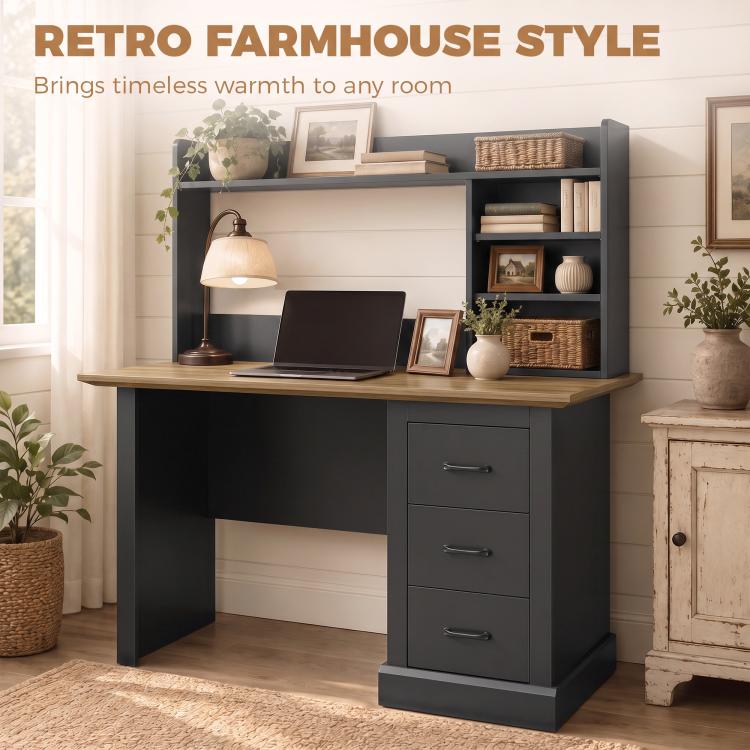 Walnut and black farmhouse-style computer desk with open shelving and three drawers
