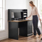 Walnut and black computer desk with open monitor shelf and three drawer cabinet