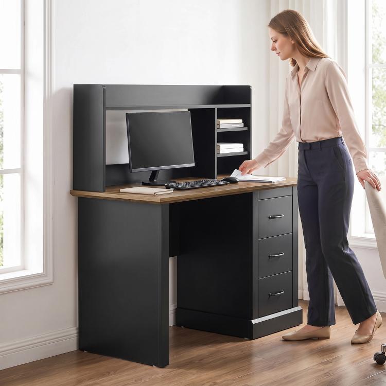 Walnut and black computer desk with open monitor shelf and three drawer cabinet