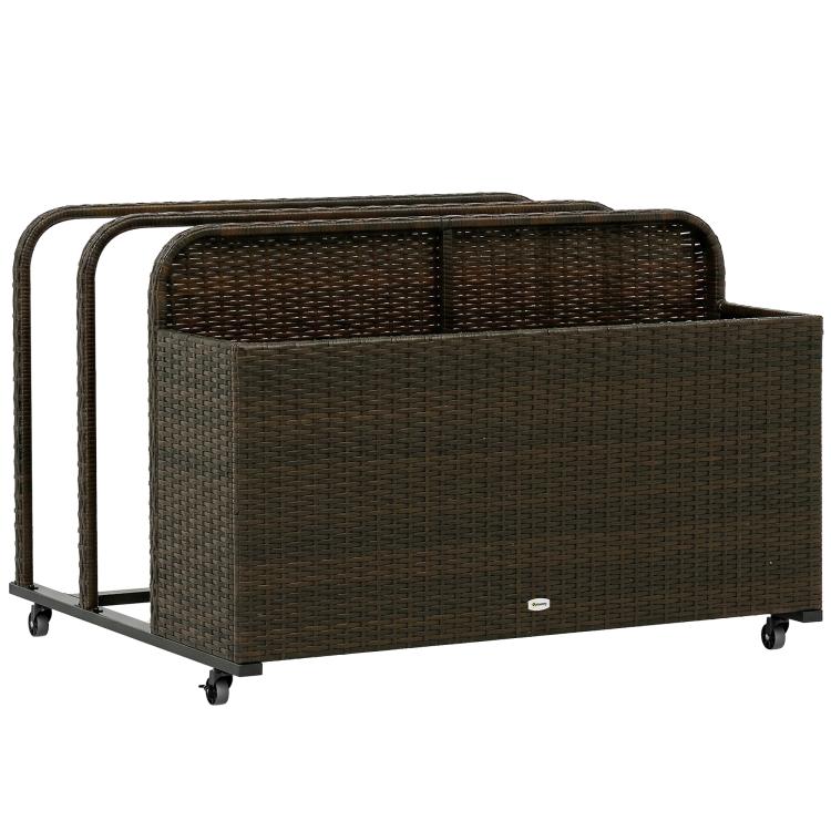 Mixed brown rattan pool float storage organizer with two compartments and four wheels