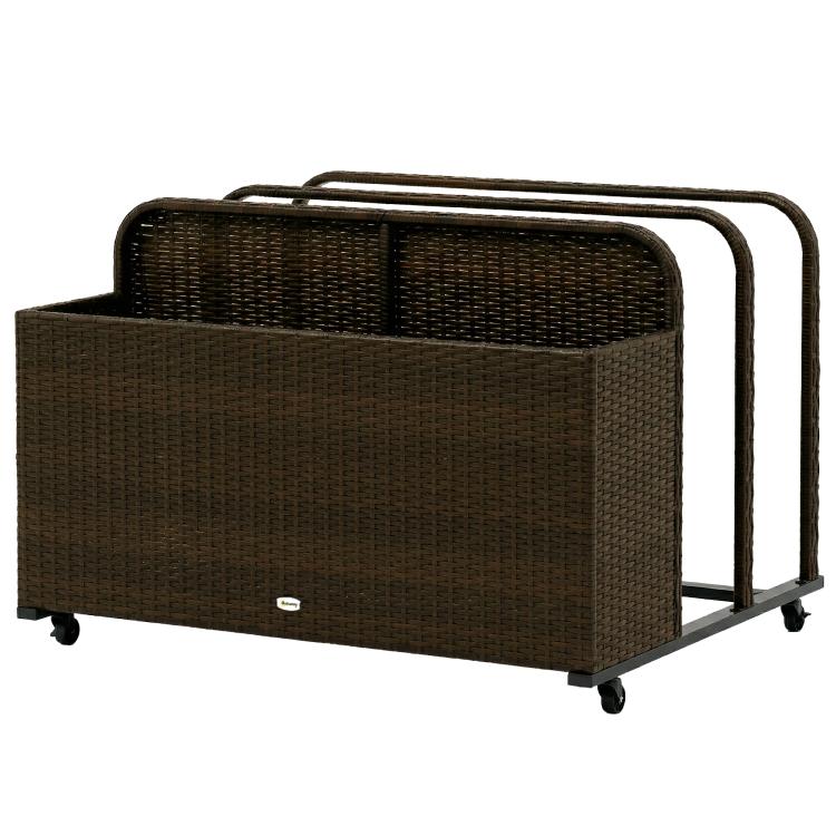 Mixed brown rattan storage organizer on four wheels with front two-panel compartments