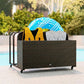 Brown rattan pool float storage organizer with wheels, open bin holding pool floats