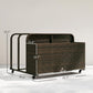 Rattan pool float storage organizer with wheels, shown with labeled dimensions
