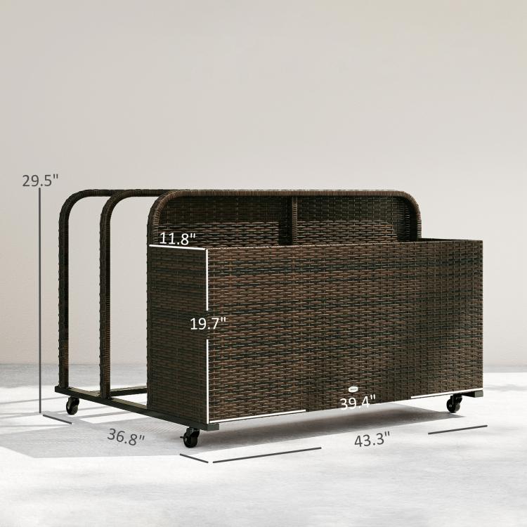 Rattan pool float storage organizer with wheels, shown with labeled dimensions