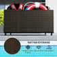 Mixed brown rattan storage bin on wheels holding pool float tubes