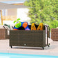 Mixed brown rattan pool storage organizer on wheels holding inflatable toys