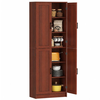 Dark brown freestanding kitchen pantry cabinet with open shelves and four doors