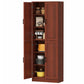 Dark brown pantry cabinet with open doors and shelves, four-door freestanding storage