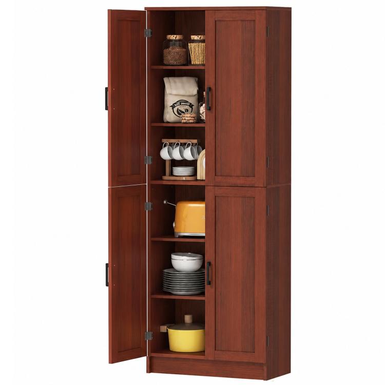 Dark brown pantry cabinet with open doors and shelves, four-door freestanding storage