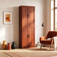 Dark brown pantry cabinet with four doors and adjustable shelves