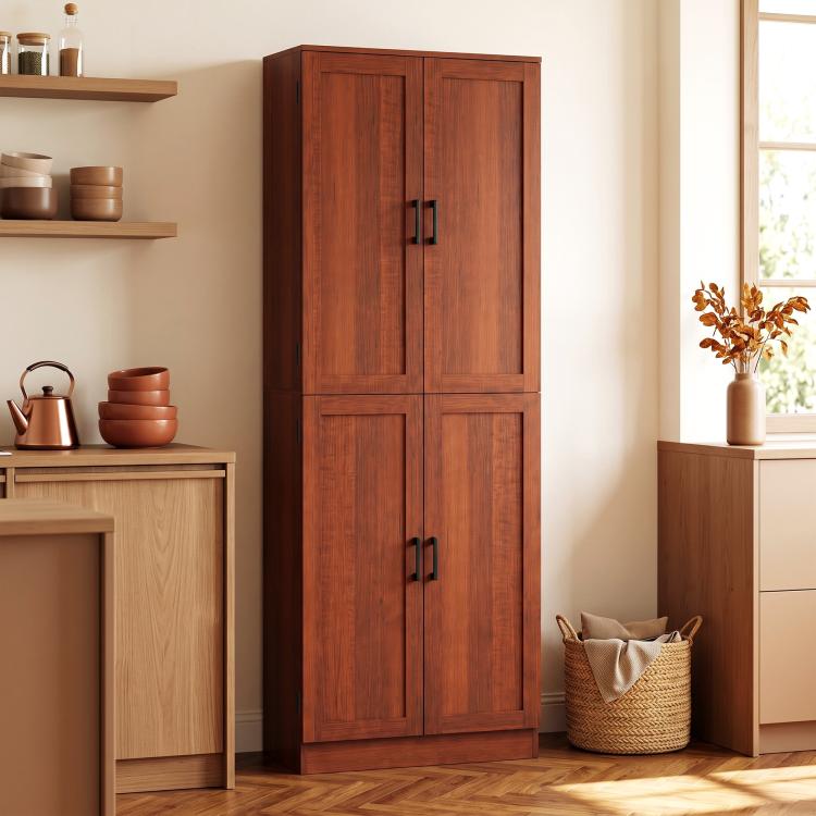 Dark brown freestanding kitchen pantry cabinet with four doors and black bar handles