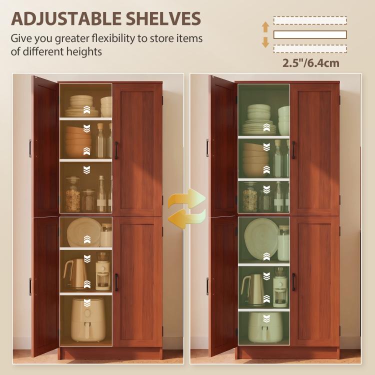 Dark brown pantry cabinet with adjustable shelves, open doors showing different heights