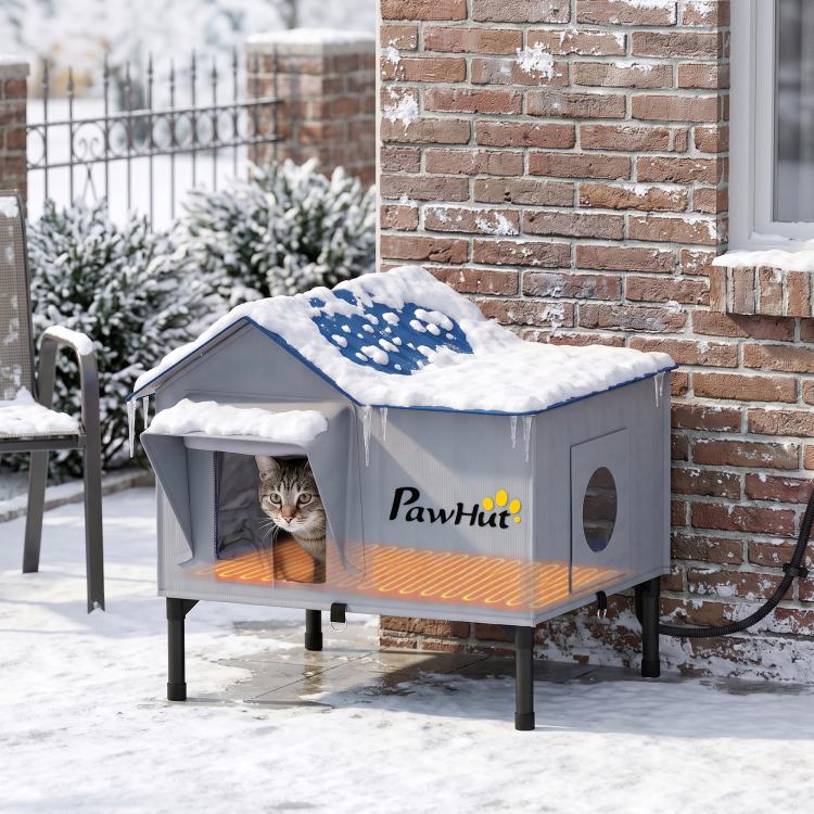 Heated cat house with blue roof, front window, and warm orange heating pad glow