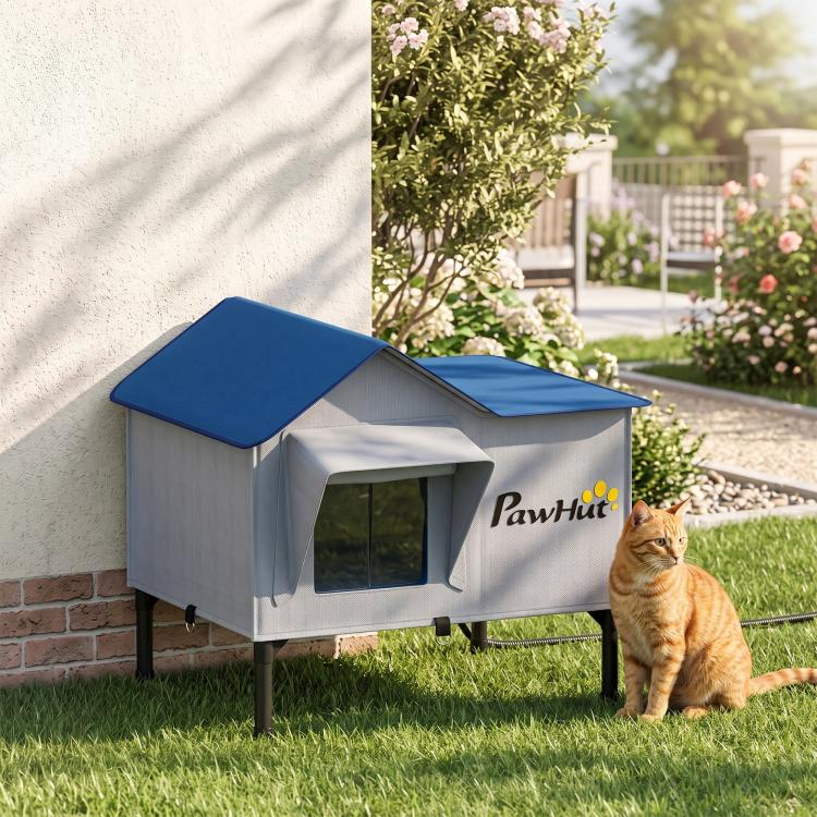 Elevated cat house with blue roof, front doorway, and oval side window