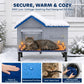 Heated cat house with blue roof and fluffy white cover, orange heat glow inside