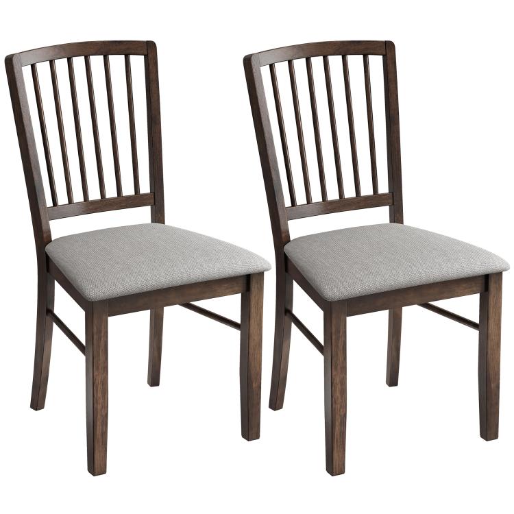 Upholstered dining chairs set of 2, gray padded seats, dark brown frames and slatted backs