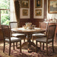 Upholstered dining chairs with slatted backs, burn-brown wood frames and light gray seats