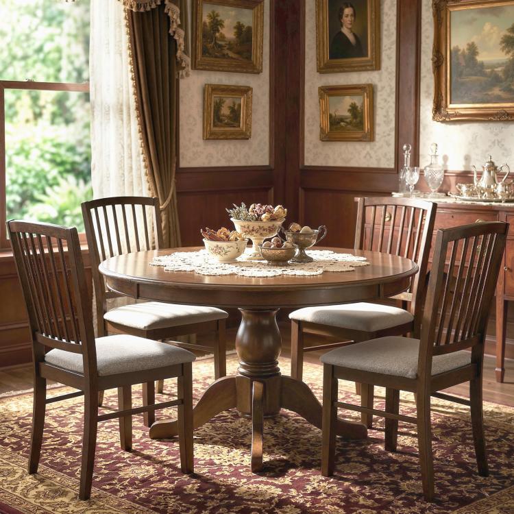 Upholstered dining chairs with slatted backs, burn-brown wood frames and light gray seats