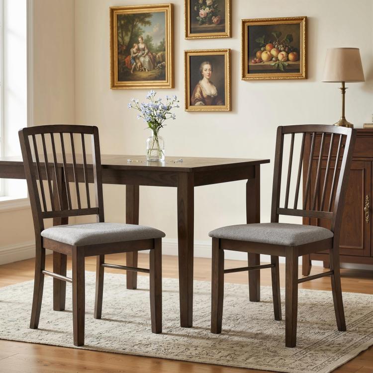 Set of 2 dining chairs with dark brown wooden legs and gray upholstered seats