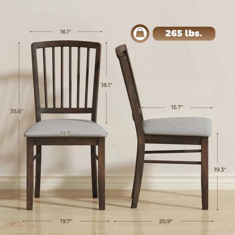 Upholstered dining chair set of 2 with gray seat, dark brown legs, and slatted back
