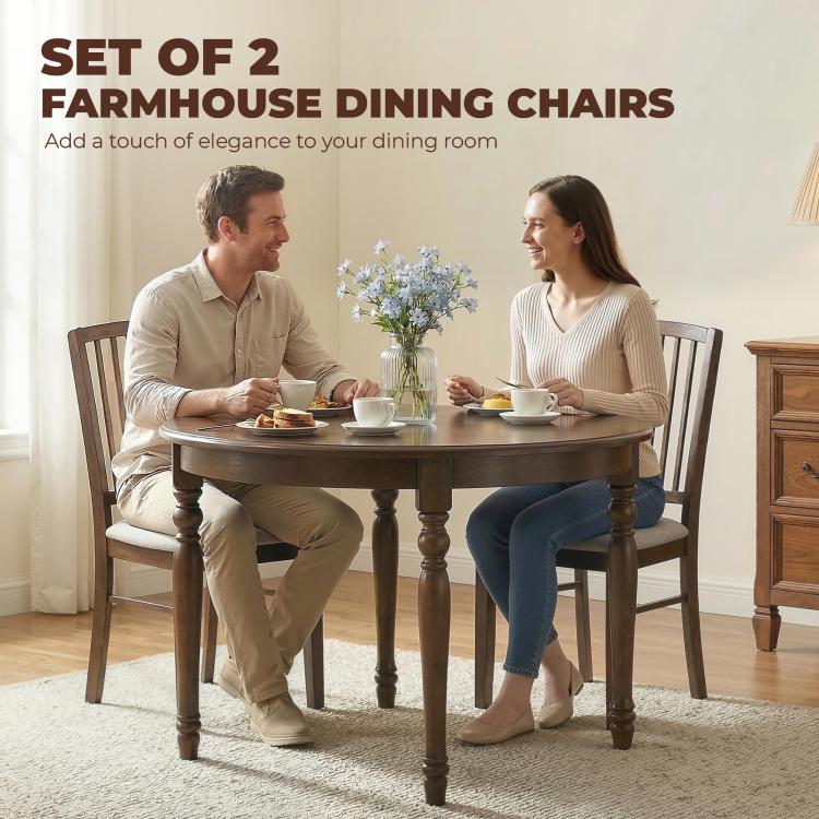 Dining chairs set of 2 with gray cushions and dark brown wooden legs around a round table