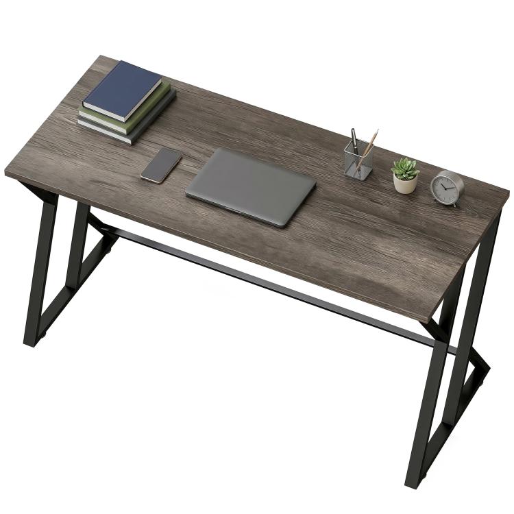 Distressed gray computer desk with black Z-leg frame and wide rectangular tabletop