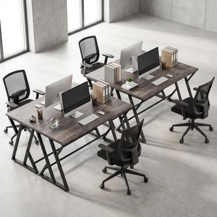 Industrial writing desk with distressed gray top and black Z-shaped metal legs