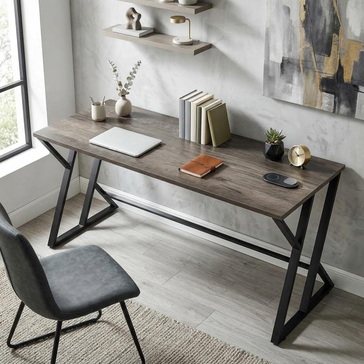 Gray distressed desk with black metal Z-legs, wide surface for home office