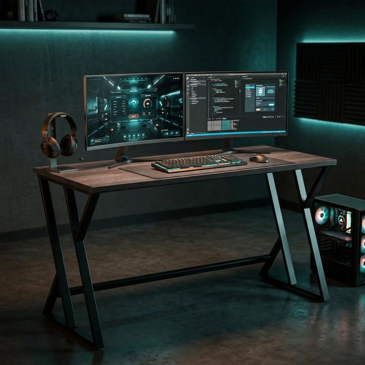 Industrial computer desk with dark distressed top and black Z-shaped metal legs