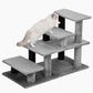 Gray plush pet stairs with three steps and top platform, white cat on steps