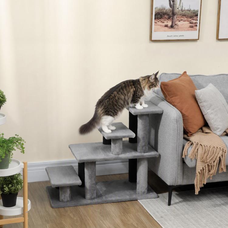 Gray plush pet stairs with three steps and wide platforms, cat and tabby on steps