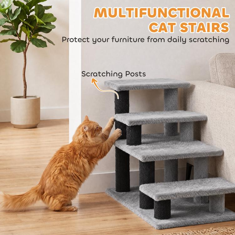 Gray plush pet stairs with scratching protection posts, orange cat reaching up